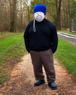 A short guy with a round head and big muscles wearing a net undershirt, a jacket, and a beanie that does not cover the ears. He has a small chain around his neck, baggy pants, and white wooden shoes.