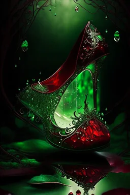 dark fantasy, intricate cover, a whimsical fairytale, translucent shoe made of green glass with drops of crimson blood underneath