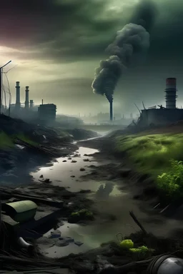 A vivid image of a polluted landscape, possibly an urban area, with smoky skies and sewage-strewn streets. In the foreground, you may have symbols of environmental degradation such as plastic waste, deforestation and industrial pollution. However, in the midst of the darkness, there is a glimmer of hope - a small plant breaking through the concrete, or a person or group engaged in cleaning up the environment. This brief captures the urgency of environmental issues while expressing the potential