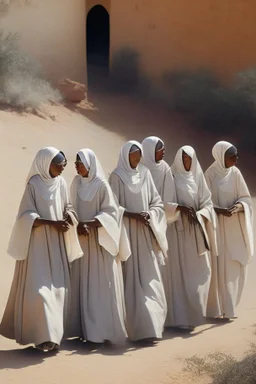 7 suore africane con tunica grigia giornata di sole precipizio fuori città , terra rossa