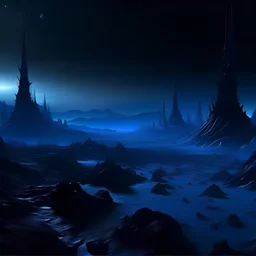 dark frozen alien landscape. some tiny, spiky blue alien creatures. spacecraft in the distance