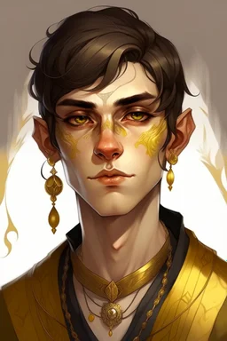 a wealthy half-elf young man with pointy ears and gold sclera eyes, wears lots of jewelry