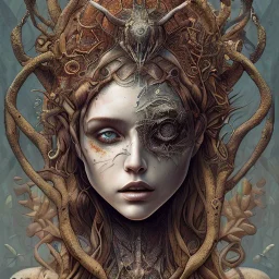 watercolor illustration ,singer Danish MØ, intricate detail , rusty metal, Dryad, sidhe, ominous, portrait,high lighting,