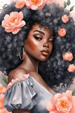 Create an watercolor image of a curvy black female wearing a grey off the shoulder blouse and she is looking down with Prominent makeup. Highly detailed tightly curly black afro. Background of large peach and grey flowers surrounding her