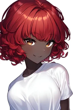 Design a black girl tanned skin short curly hair Red hair smiling White shirt White background