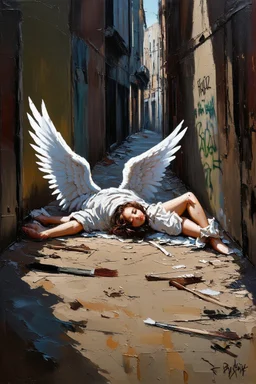 Abstract expressionism oil painting of an Urban alley grunge scene, fallen angel laying on ground in ripped robes, white stained wings, feathers misplaced, slight glowing, but broken halo. Dirty walls, graffiti in Latin, oil on the ground. Harsh shadows and goth undertones. areal view looking down , messy brush strokes, close up