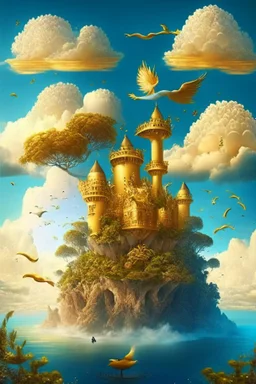 A golden castle in the middle of the sea surounded with the trees and big fruits , the clouds above and beautiful sky and birds ,The sea is fantastic...like paradise