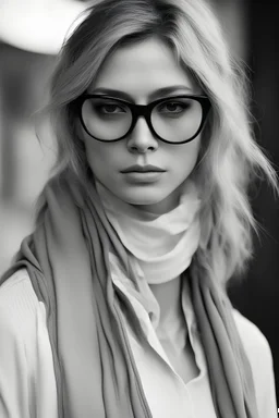 el rostro de una mujer con gafas totalmente oscuras y con expresión seria en blanco y negro que no se ven los ojos, que solamente se vea su rostro y cuello que no se vean sus ojos, gafas mas oscuras que su expresión sea más seria, mucho más seria casi triste