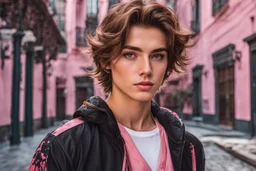 close up headshot portrait of beautiful teenage boy who looks like a girl, brown hair, red eyes, pretty body, pretty legs, perfect face, Wadim Kashin, James Gurney, Ink, splash art, amazing beauty, college courtyard background, has pink accents on clothes