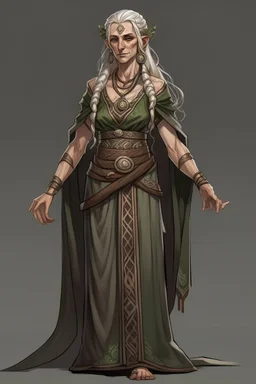 female middle aged high elf druid wearing medieval clothes with hands behind her back