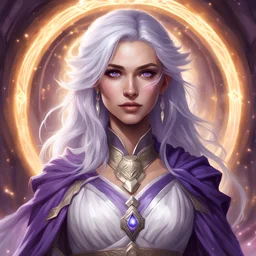 dungeons & dragons; digital art; portrait; female; sorceress; purple eyes; silver hair; flowing robes; greek style dress; teenager; magic; magic circle; halo background; headshot; pretty; aesimar
