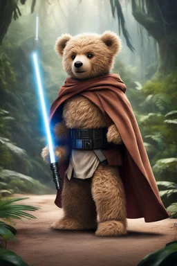 [photo realistic] a Teddy Bear standing with a Jedi cape and a Lightsaber, using the force, jungle in the background