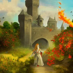  Castle into sky, with flowers of fire. Green clouds and birds. Shy girl going out of the main gate. Detailed painting, sharp color, medieval, intricate detail, far sceen, realistic colors, medieval concept art. spring.