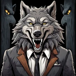 Close up an anthropomorphic wolf facing at the camera around cheerful anthropomorphic wolves they laugh at him , in the background many wooden wall, high realistic, high detailed, dark fantasy, cinematic