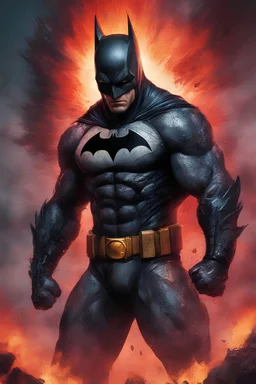 Batman, Strong, athletic physique, action poses, battle scars, blood, foggy, cloudy background, multicolored lightning, flowing lava, Full Eclipse, aliens, explosions, bright, vibrant, extremely colorful, detailed, blood red skies.