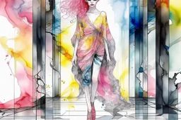 A beautiful woman with knee-length curly pink hair, wearing a spider-sleeved ankle-length tie-dye kaftan and silver high-heeled sandals, double exposure, merged layers, watercolor and black ink outlines, soft, shading strokes, cracked marble holographic background, the cracks are golden S<AI in sunshine