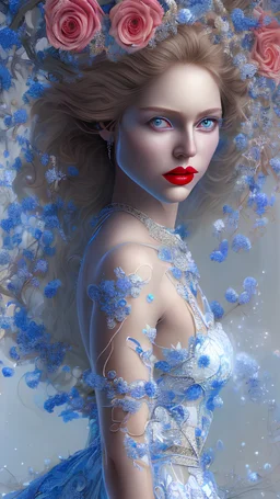 highly detailed beautiful woman in a white and blue dress with silver accents, detailed blue eyes, detailed hair, red lipstick, enchanted lake, organic, flowers, ice, 16k textures, photorealistic, sharp focus, sharp oil painting, glass surface, pixel art