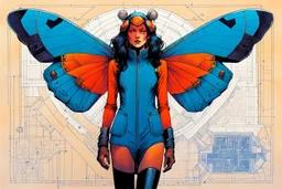 Hand drawn technical,full body portrait illustration , with detailed blueprints and engineering schematics of a walking cecropia moth insect girl, in the comic book art style of BILL SIENKIEWICZ and JEAN GIRAUD MOEBIUS, with highly detailed facial features, drawings, and technical notation, 8k, vibrant natural colors