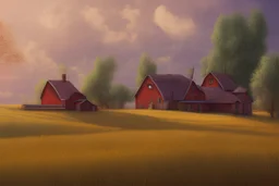 Sunny farm with wheat field and red farm house.