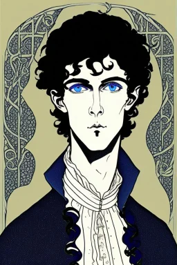 Black haired blue eyed freckled young male warlock in the style of aubrey beardsley