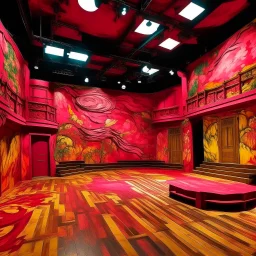 A reddish magenta drama theater with abstracted shapes painted by Vincent van Gogh