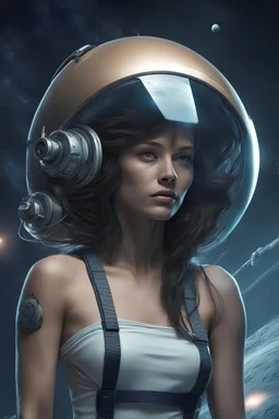 science fiction scene like fantasy on saturn 30 years old skinny woman long hair ultrarealistic wet skin raining, tattos photorealistic, wind is blowing, tanned skin collarbones, skinny, space ship behind, all looks like poster from 2020, women looks like model, wearing over-knee-sockets