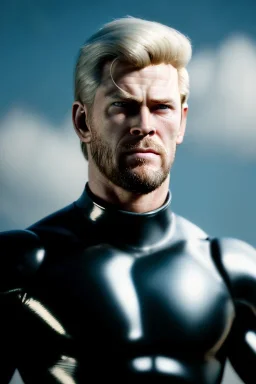 retro portrait image from 1960, sky background, wind, extra long blonde hair, fighting stance, young Chris Hemsworth, clean shave face, black dress, classic long tight lycra black suit, big red cap, silver latex with scales on the arms, gold bracelet and belt, high boots, soft color, highly detailed, unreal engine 5, ray tracing, RTX, lumen lighting, ultra detail, volumetric lighting, 3d, finely drawn, high definition, high resolution.