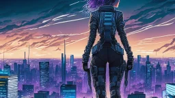 Clear Focus, High resolution, Beautiful girl standing backwards to a Cyberpunk skyline, comic style