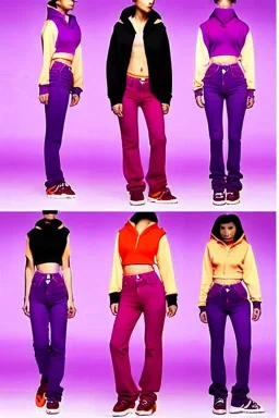 year 1999 women fashion, Techno, rave, Loose, straight, suit, low waist light trousers, t-shirt, new kind of hoodie with high tippet, which goes down along zipper! Colors: all denim colors, purple, khaki, lilac, plum, orange, terracotta, red, pink, dark blue, beige. Patterns: lynx, balls, stripes. lynx belt. starling or owl prints. Women models. Sharon Stone, Sandra Bullock, Winona Ryder, Milla Jovovich, Big tennis shoes on. Latex, denim and leather e.g. in Leg warmers.