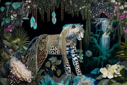 A beautiful fairytale magical composition of a rainforest with a waterfall, a masterpiece, patchwork-like, made of different materials: tulle embroidered with precious stones, lace and real pearls, silk, velvet, burlap, faux fur with leopard print. Unicorn, flowers