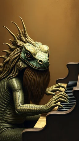 Lizard front view with human look face and long hair and beard playing the piano, looks like an ancient Sumerian gods
