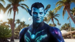 beautiful gorgeous man na'vi with short hair, Avatar, blue skin, two ears, green eyes, black hair, in cosmic suit, galactic ambiance, smiling, with spaceship and planets and palm trees and clear crystaline cosmic beach in background