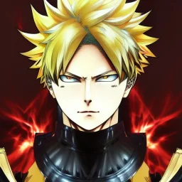 Detailed anime portrait of bakugo from my hero academia, gold hair and golden eyes, black suit, intricate details, full body portrait, keep head in frame, slight smile, black Japanese motif, concept art, highly detailed, digital painting, concept art, sharp focus, illustration, art by Yoji Shinkawa, WLOP and greg rutkowski and alphonse mucha and artgerm and yanjun Chen and Junji ito and Makoto Shinkai, HDR, octane render