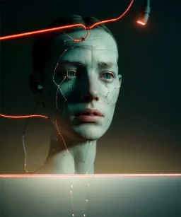 Ultra realistic photographic night portrait, cinematic, <irish woman> <hanging wires> <retro monitor> many wires coming out of the head <perfect pupil> <cyborg arm> <garage> <wide angle Shot> <sci-fi futuristic> <thriller>, led lights, color fog, soft color, highly detailed, unreal engine 5, ray tracing, RTX, lumen lighting, ultra detail, volumetric lighting, high definition.