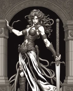 full-length, detailed persona, sword in hand, gorgon medusa, from the back, half turn