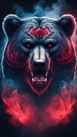 2D image of abstract angry bear head symbol tattoo with rose element,blue and red tone light,motions fog smoke on dark cinematic background