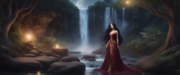 Hyper Realistic Beautiful Princess With Beautiful Long Black Hair, Wearing Her Royal Maroon Gown With Golden Embroidery Standing With A Tree In A Jungle Riverside With Beautiful Waterfall From Mountain With Full Moon Night And A Shooting Star Along With Fireflies Around Her Showing Dramatic And Cinematic Ambiance.