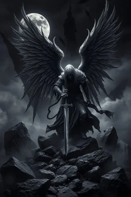 surreal dreamlike scene, stunning warrior fallen angel with sword, mystic gloomy, surreal dark shadows and pale light, stones, rocks, dark vibe, come strom , dark colors, , moon with black darkness, fog, detailed, spalh art, black and white art