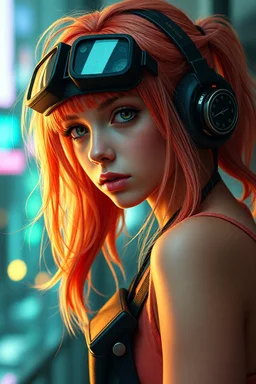a pretty cyberpunk girl, bright hair, storyteller and dreamer, young, futuristic, dystopia