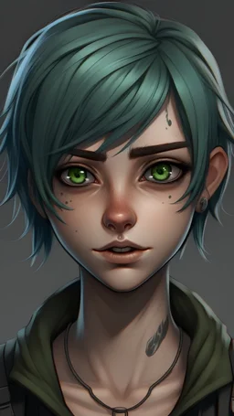 Realistic anime art style. Her eyes are marked with black eyeliner and matte black eyeshadow. Her lips are painted with matte black lipstick. Her left nostril is pierced with a tiny stainless steel stud. She has olive skin and light brown eyes, and her very short electric blue hair is deliberately messy-looking. She is wearing a form-fitting green button-up shirt, a mid-length navy blue skirt, and faded black combat boots with black laces.