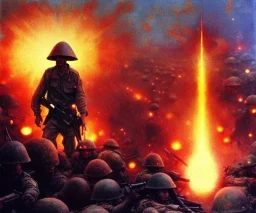 vietnam war. war. napalm. bokeh. lens flare. warm lights. high detailed. beksinski