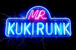 a very big blue whita neon sign that say "MR. KUKRUNK" , black background, flashes and sparks, thunder and lightning