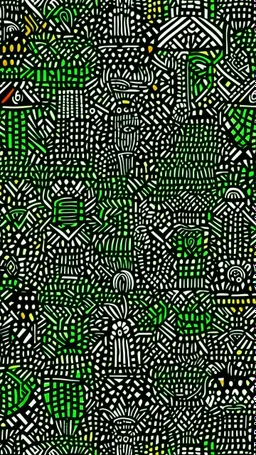 Dark green woods of weirdness designed in Navajo baskets painted by Keith Haring