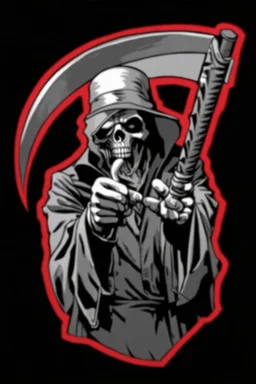 Grim-Reaper gripping scythe and pointing like uncle sam, vignette, black and white graphic novel style with a red outline, and black background, biker style