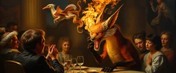 portrait painted by Rembrandt, stupid looking fire breathing dragon fox at banquet