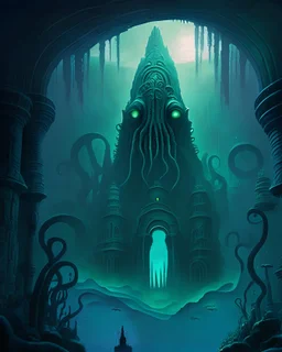 An atmospheric, H.P. Lovecraft-inspired illustration of an ancient, otherworldly city hidden beneath the ocean, with eerie, cyclopean architecture and a sense of unimaginable scale, hinting at the epic, cosmic horrors that await those who dare to venture into its depths.