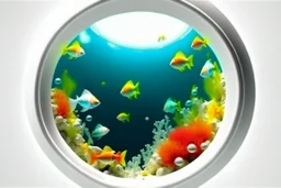 white,background,looking,through,a 3-d, hole,or,window,,a,seeing intouunerwater,tropical,fish