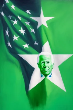 "painting of joe biden with green flag with white square and green star. "esperanto flag""