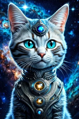 cute and weird stunning cat alien hybrid , galaxy, stars, fantasy, detailed, masterpiece intricate details, HDR, beautifully shot, sharp focus, 64 megapixels, sci-fi mood