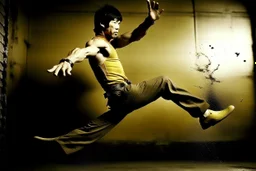 bruce lee,photo realism,in,his,prime,doing,flying,kick